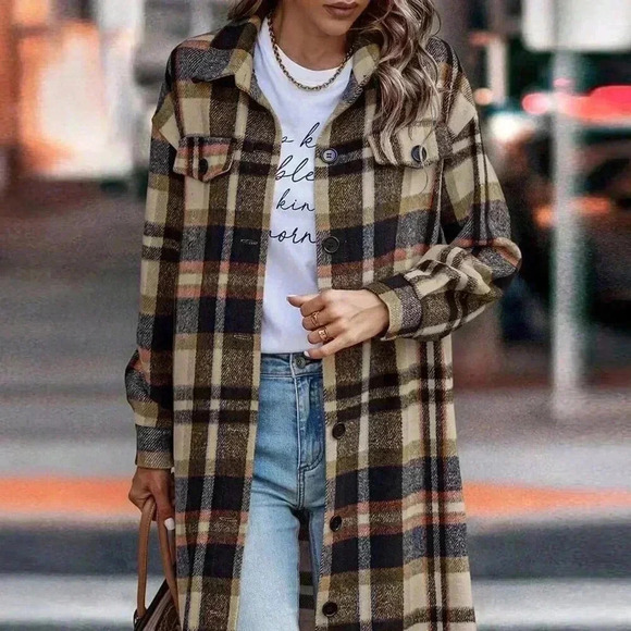 Navy Blue Elegant Women's Plaid Long Sleeve Button Up Shacket - Picture 2 of 4